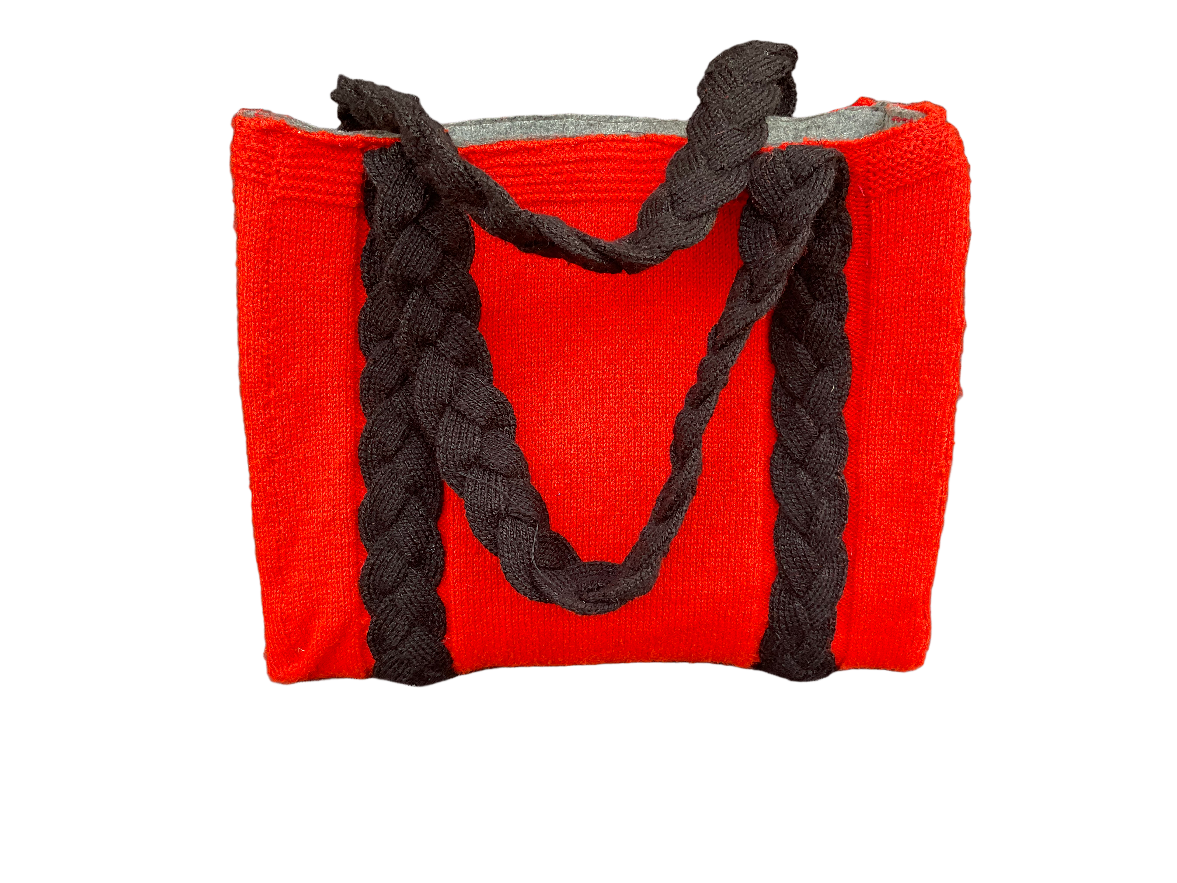Red & Black - Hand knitted Blended wool Bag -Felt lining Inside