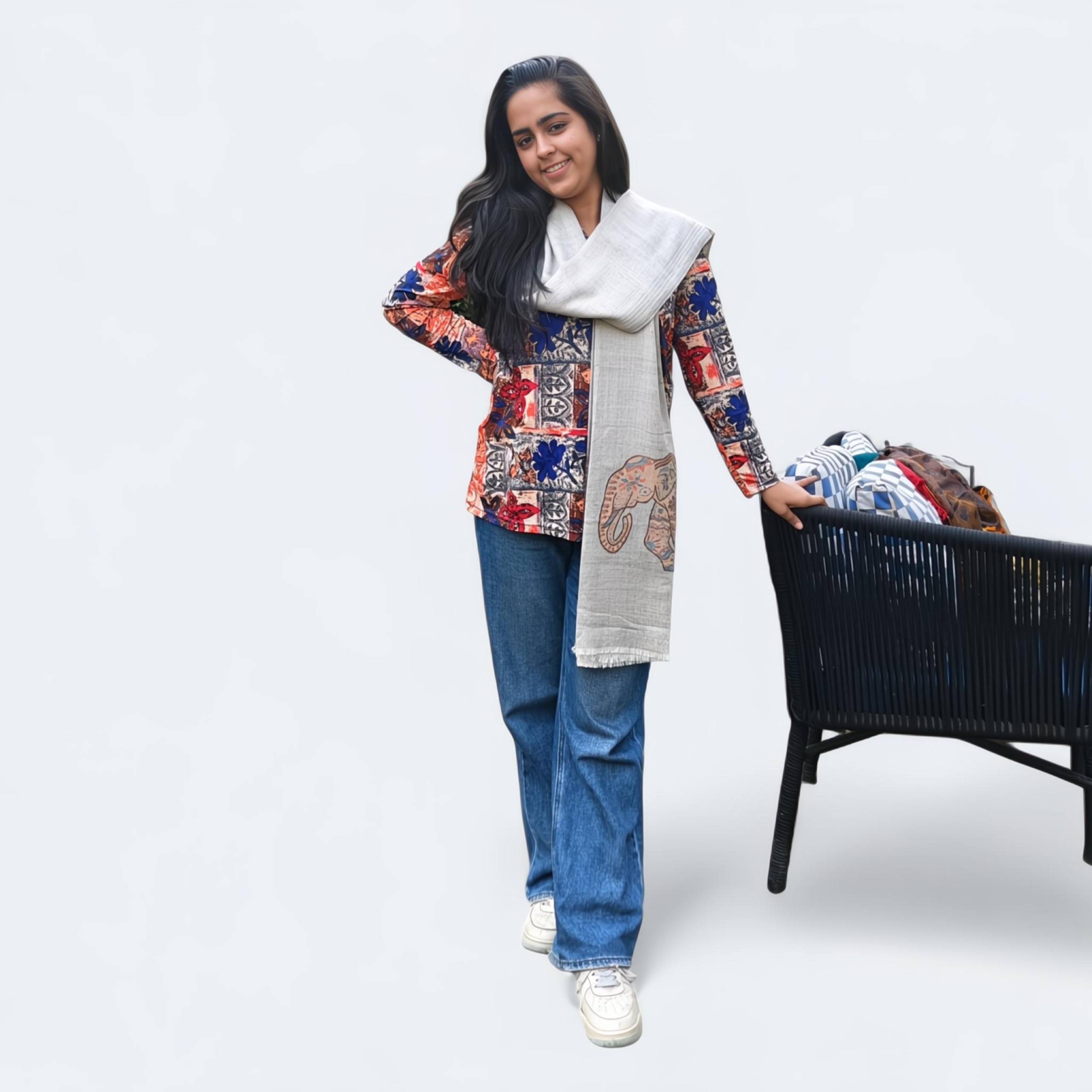 Elephant Printed Wool Silk Blended Stole | Elegant Pattern | For Women