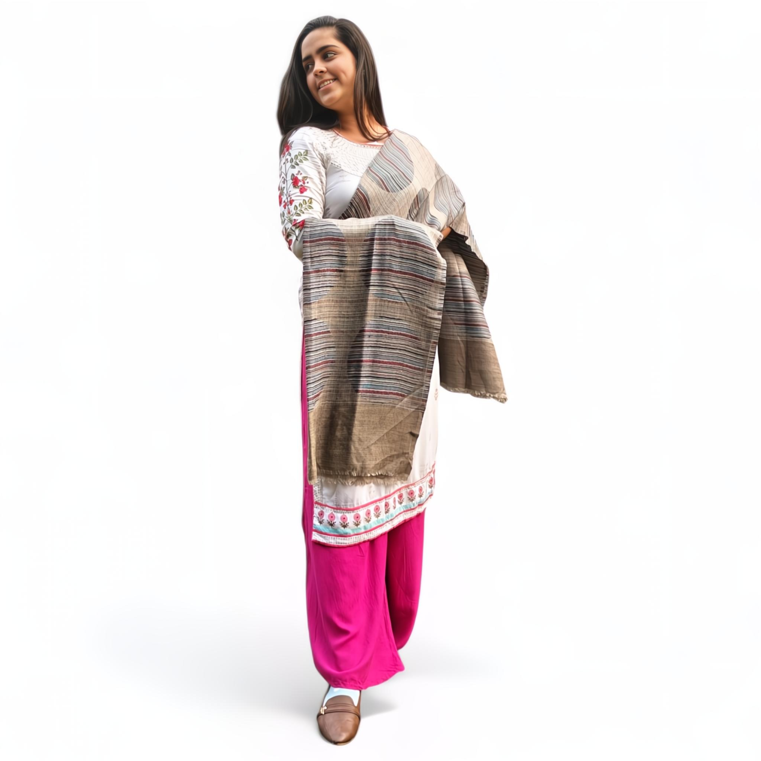 "Multicolor Wool Silk Blended Stole | Elegant Striped Design | For Women