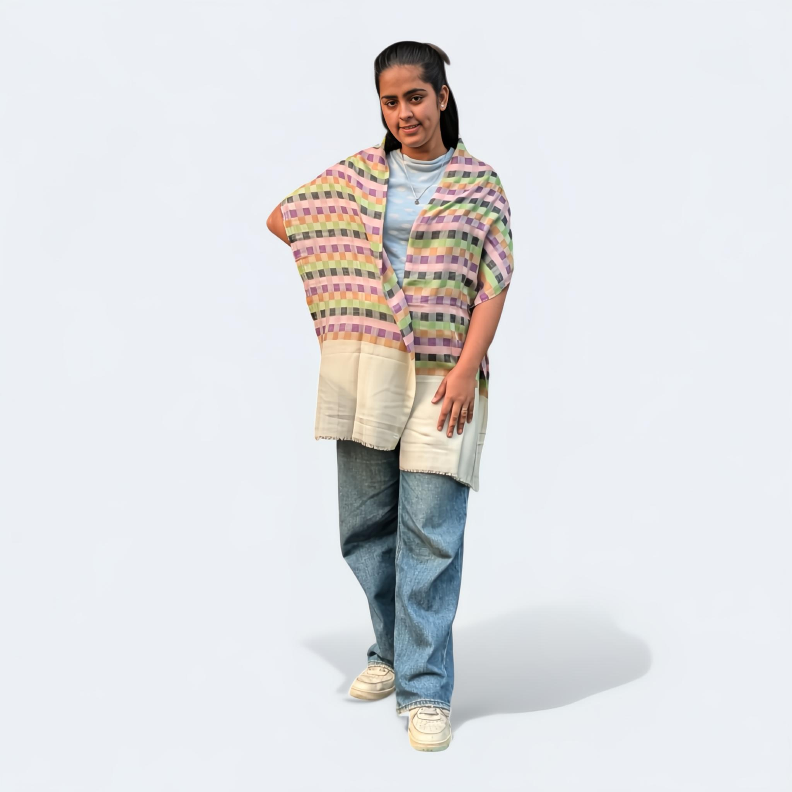 Check Multicolor Wool Silk Blended Stole | Vibrant Plaid Design | For Women