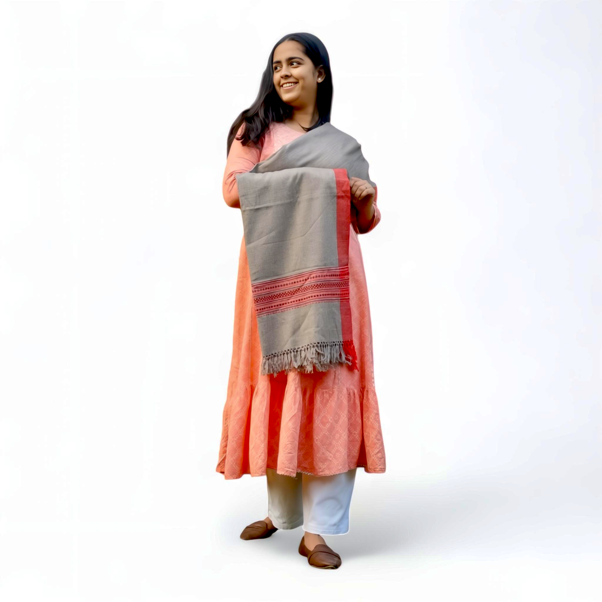 Grey & Multicolor Woolen Stole – Handcrafted Pattern with Fringe Edges