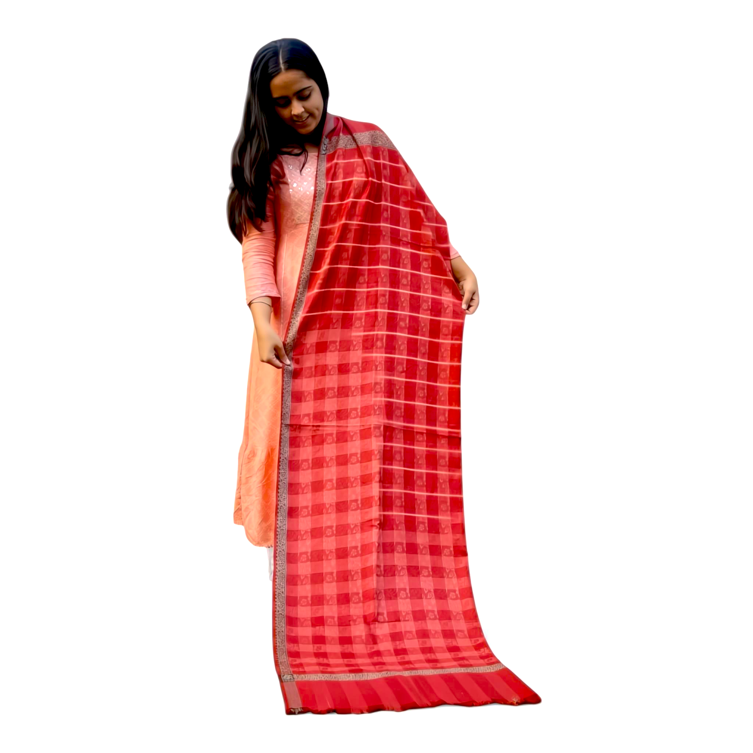 Red Poly-Wool Check Shawl – Elegant Warm Wrap for Women