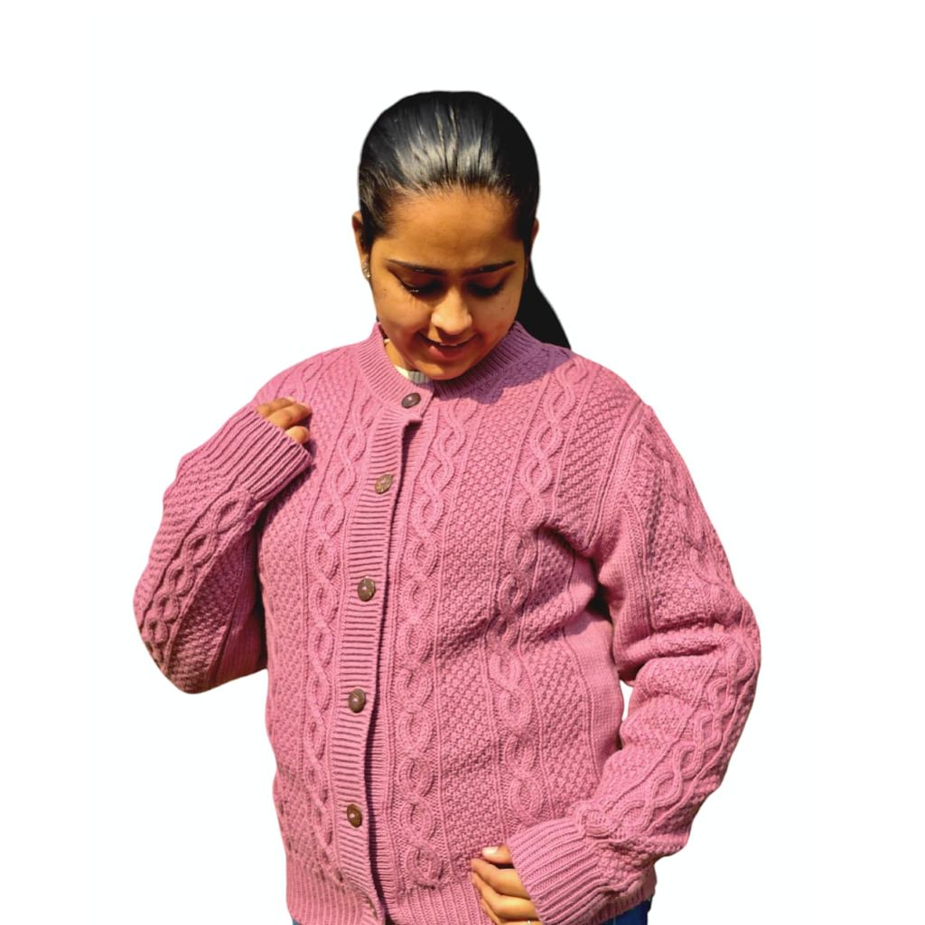100% Wool Handcrafted Cable Knit Cardigan – Pink |