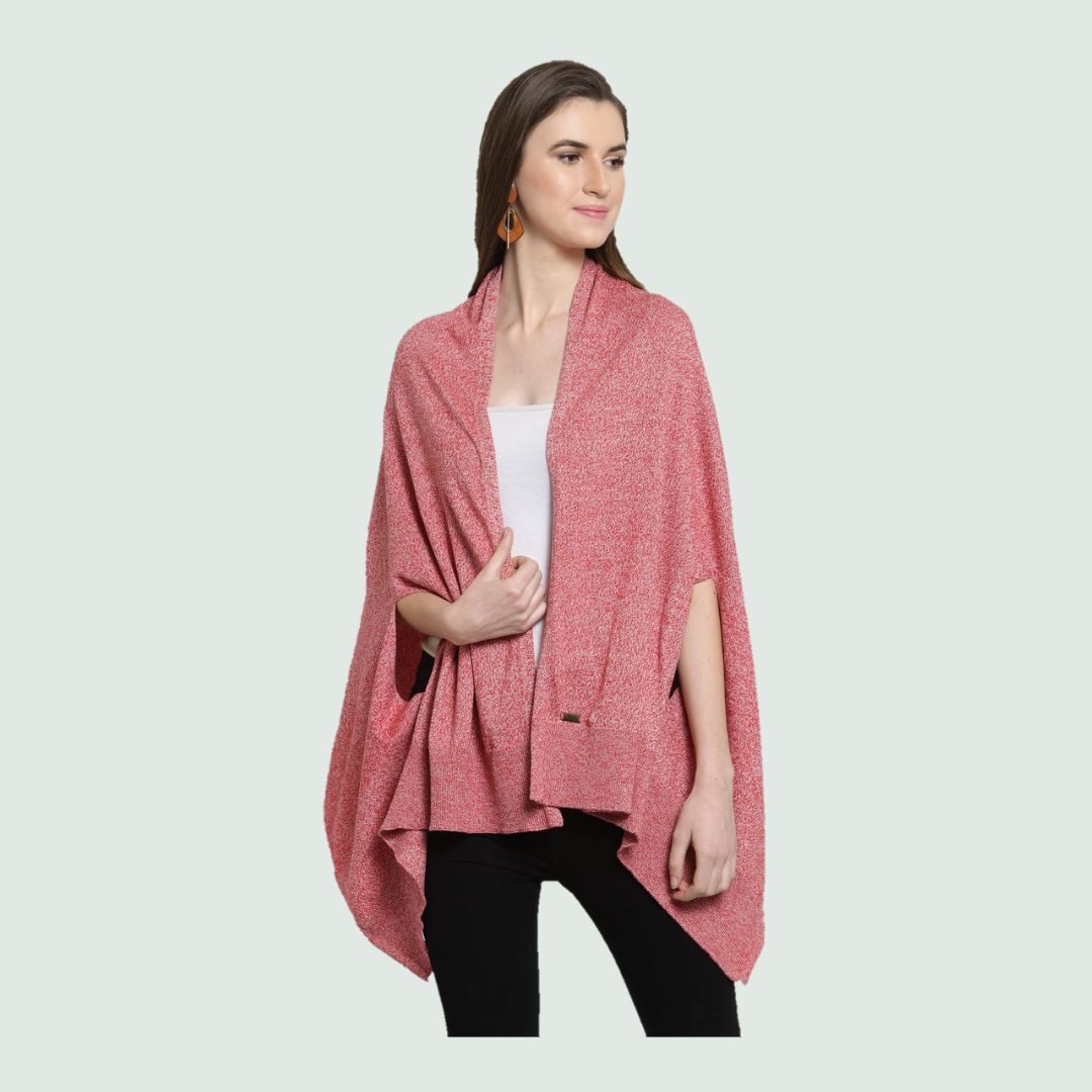 Natural Red Knitted Poncho - Front View