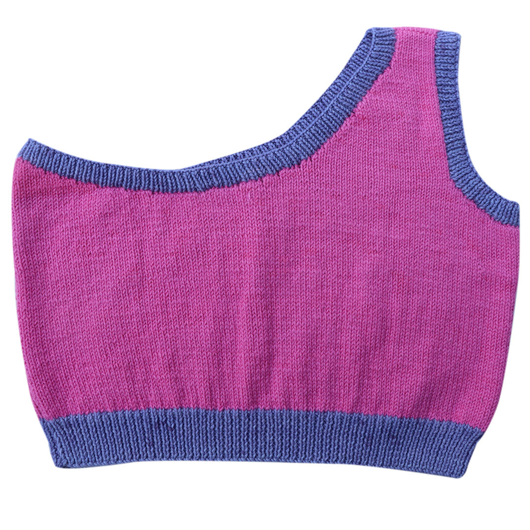 Organic Wool | Top with One Shoulder | Wild Blue & Fuchsia Fedora