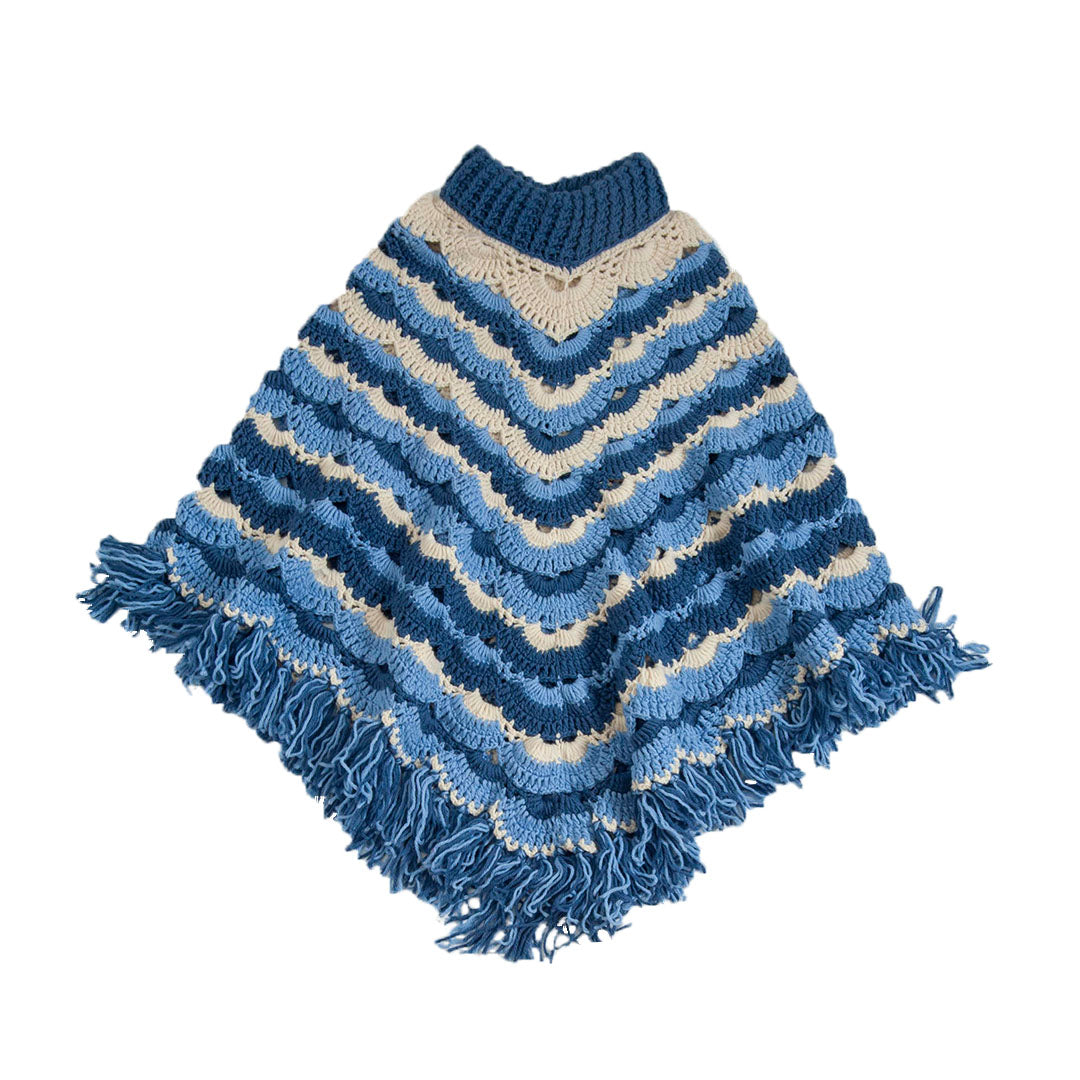 Poncho Round Neck - Crochet - Blue & White | For Women | 100% Organic Wool