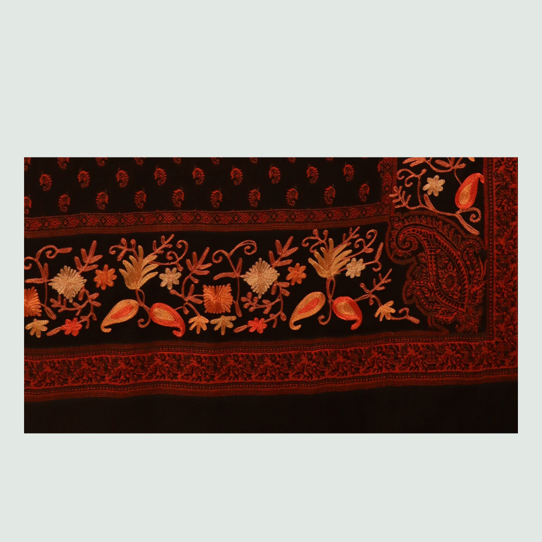 Dark Brown Odhni With Embroidered Floral Motifs | Stoles & Shawls - Front View