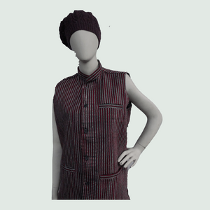 Woolen Nehru Jacket - Half Sleeve - Red, Black , Grey & white - Front View