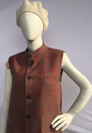 Woollen Nehru Jacket - Half Sleeve -Brown & Red | 100% Wool | For Men - Mojopanda Organic Store