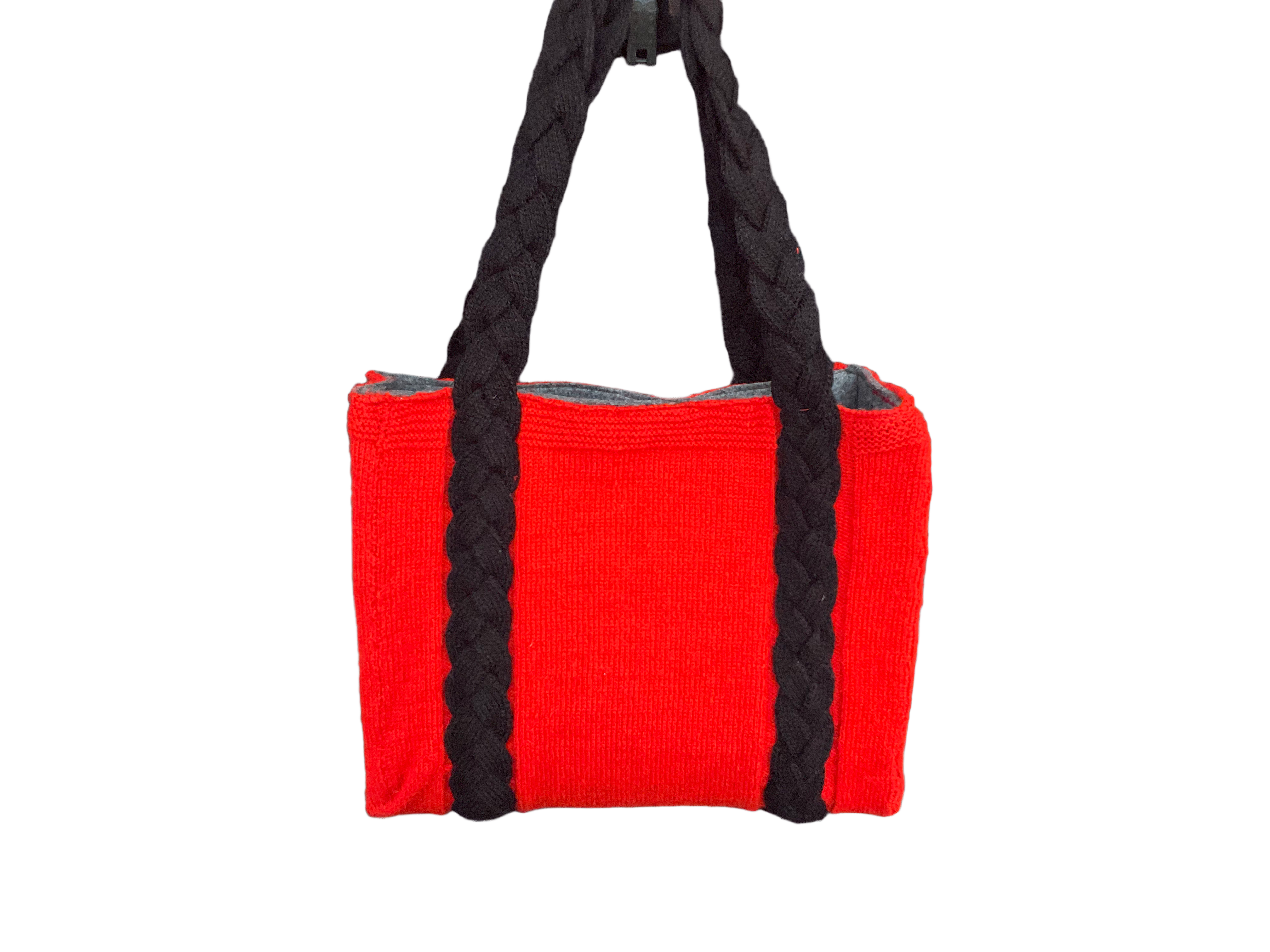 Red & Black - Hand knitted Blended  wool  Bag -Felt  lining Inside