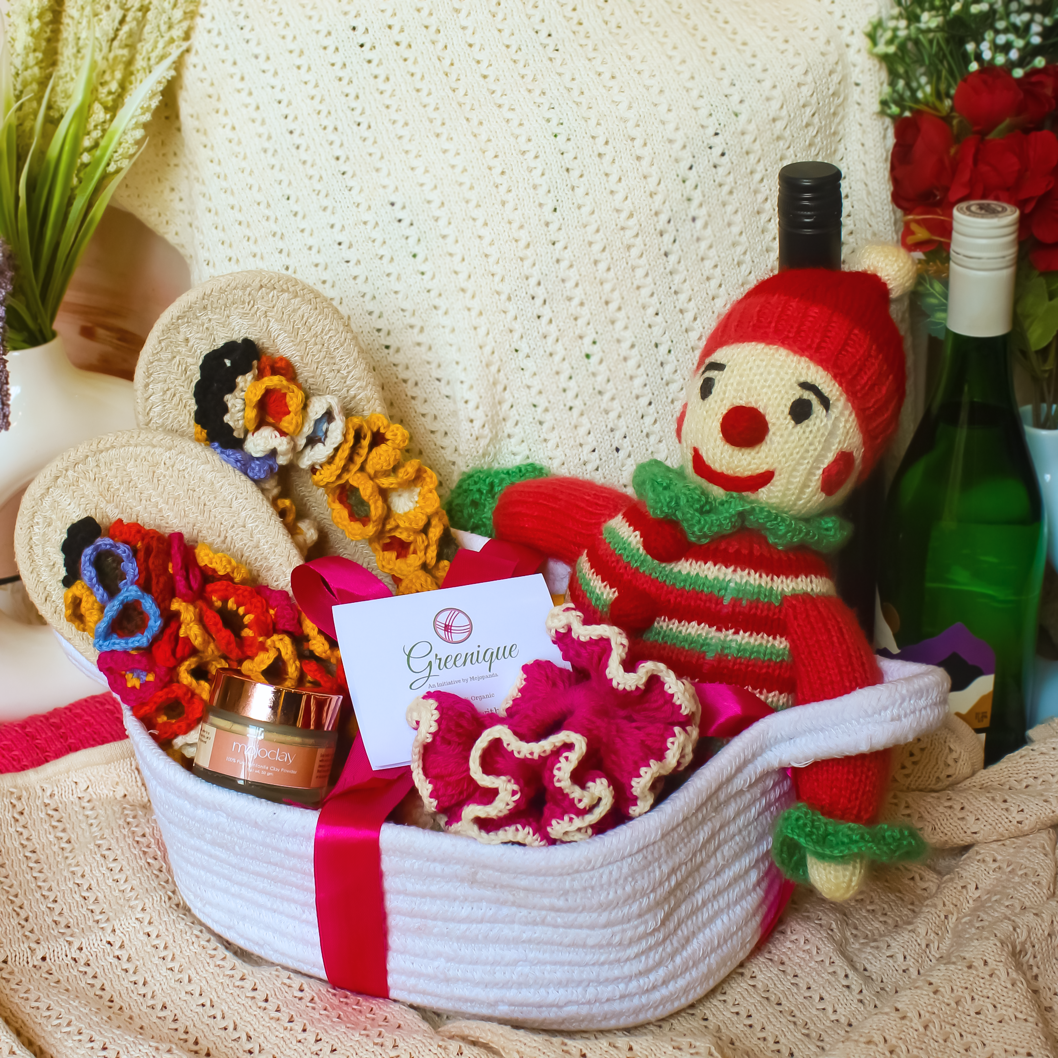 Cozy Heart Bundle – Handmade Wool Slippers, Face Mask & Soft Toy