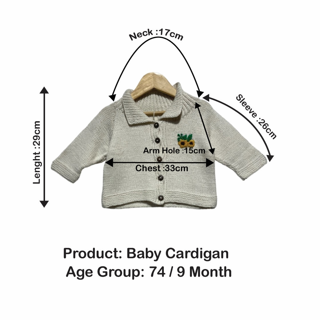 Baby Cardigan with sunflower embroidery | 100% Pure Wool| 74 - 9 months