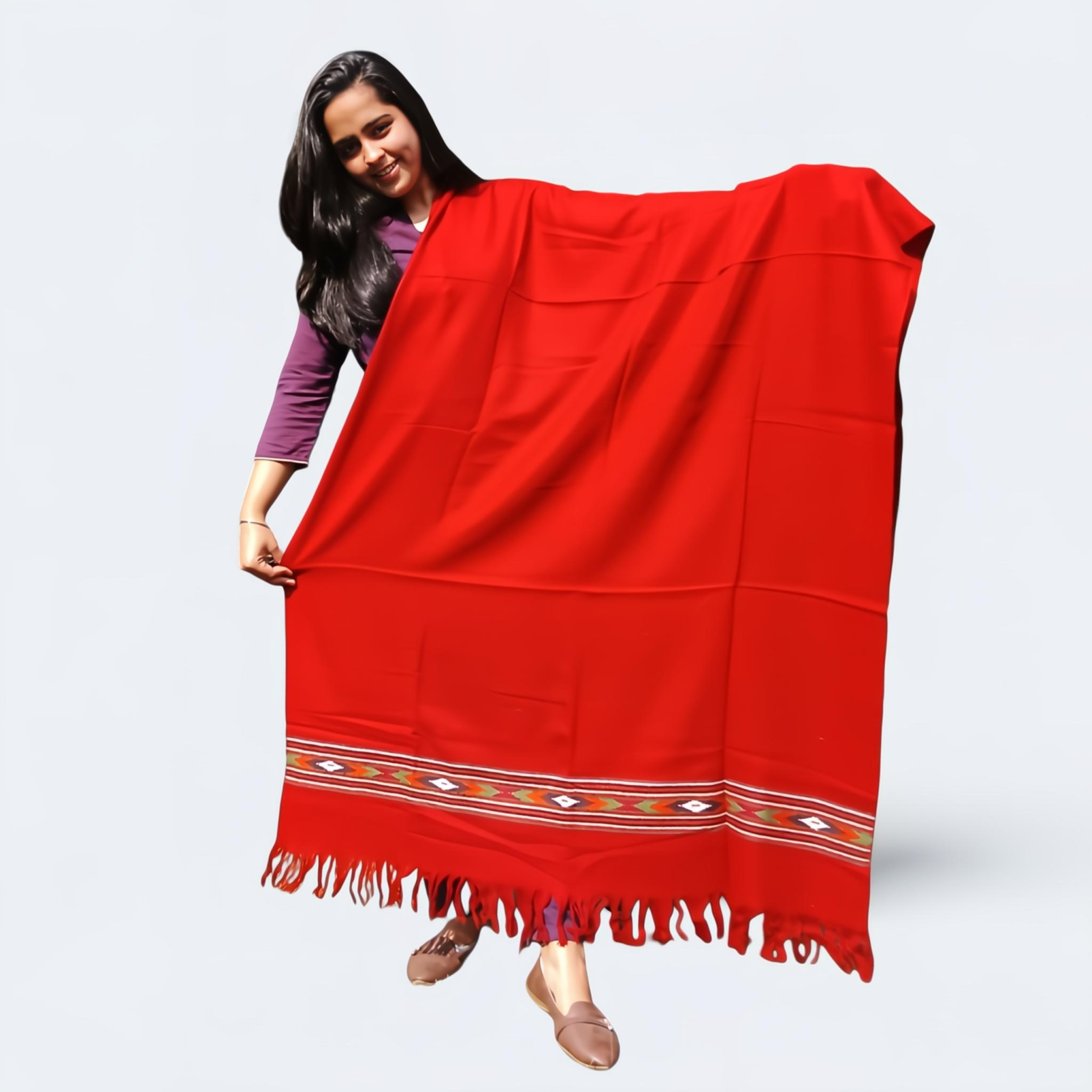 Red Woolen Shawl | Traditional Design with Fringe | For Women