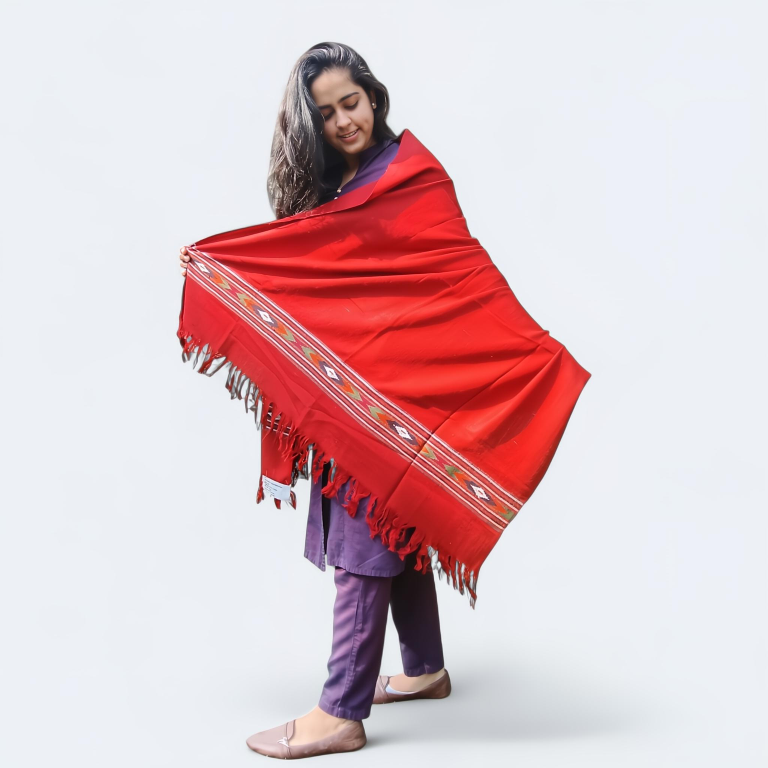 Red Woolen Shawl | Traditional Design with Fringe | For Women