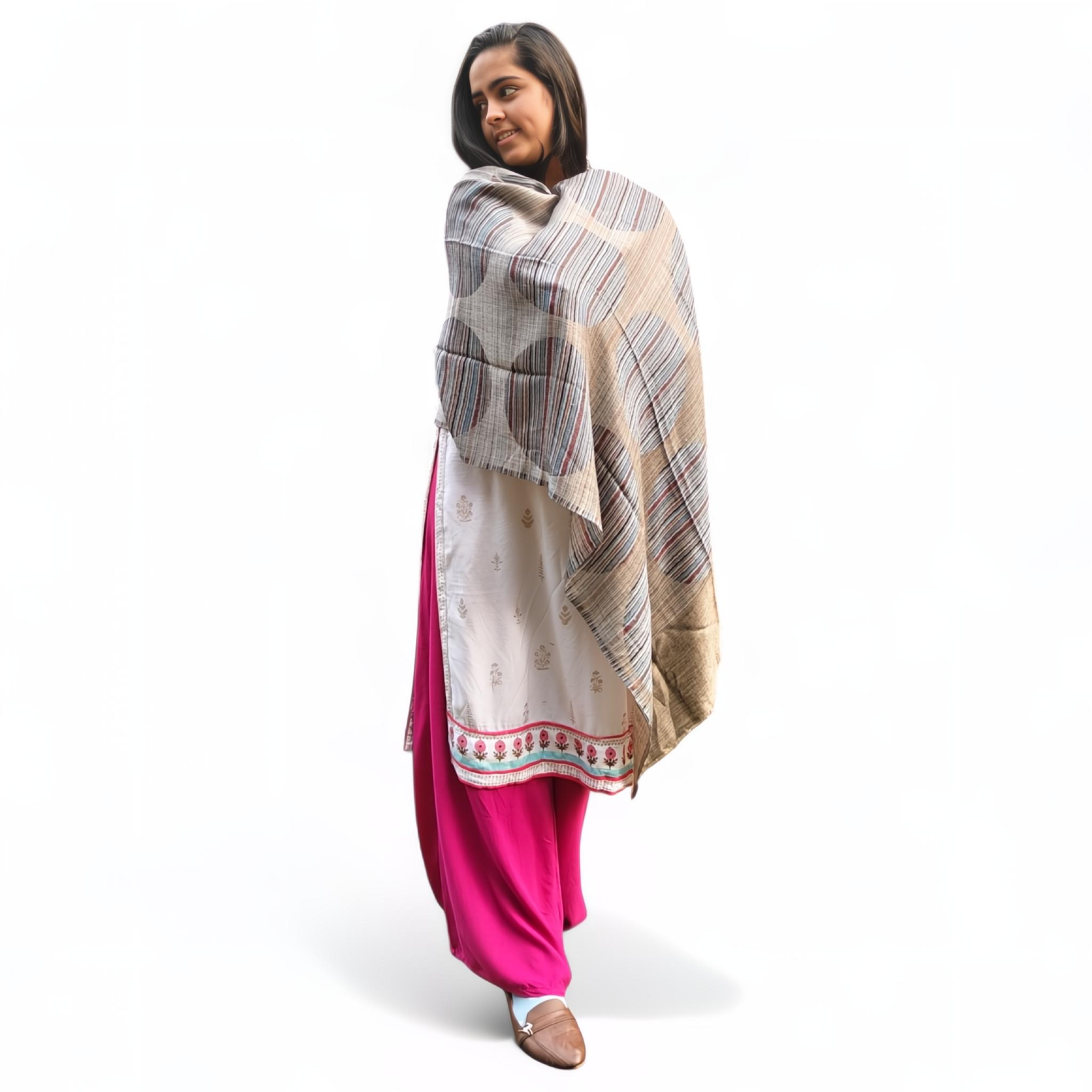 "Multicolor Wool Silk Blended Stole | Elegant Striped Design | For Women