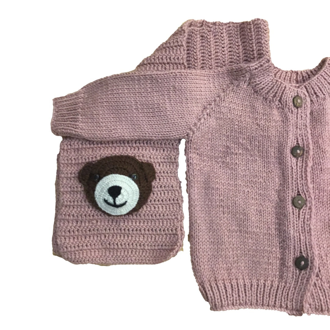 Cardigan with Bear muffler | Hand Knit 100% Wool | Size-2 years
