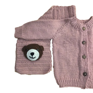Cardigan with Bear muffler | Hand Knit 100% Wool | Size-2 years