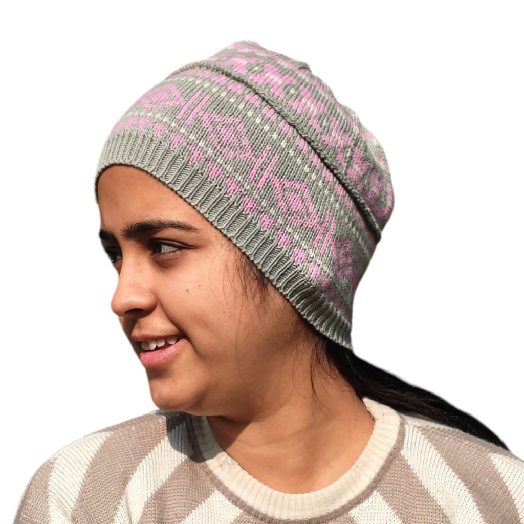 Handcrafted 100% Wool Cap – Grey & Classic Rose