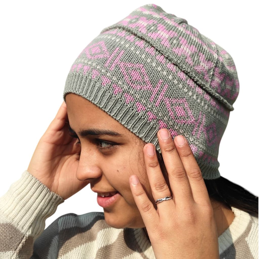 Handcrafted 100% Wool Cap – Grey & Classic Rose