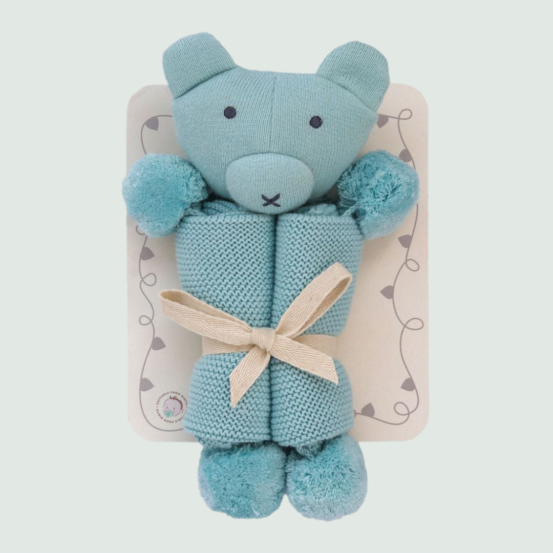 Teddy Bear with pompom Hand Knitted Cuddle Cloth - Front View