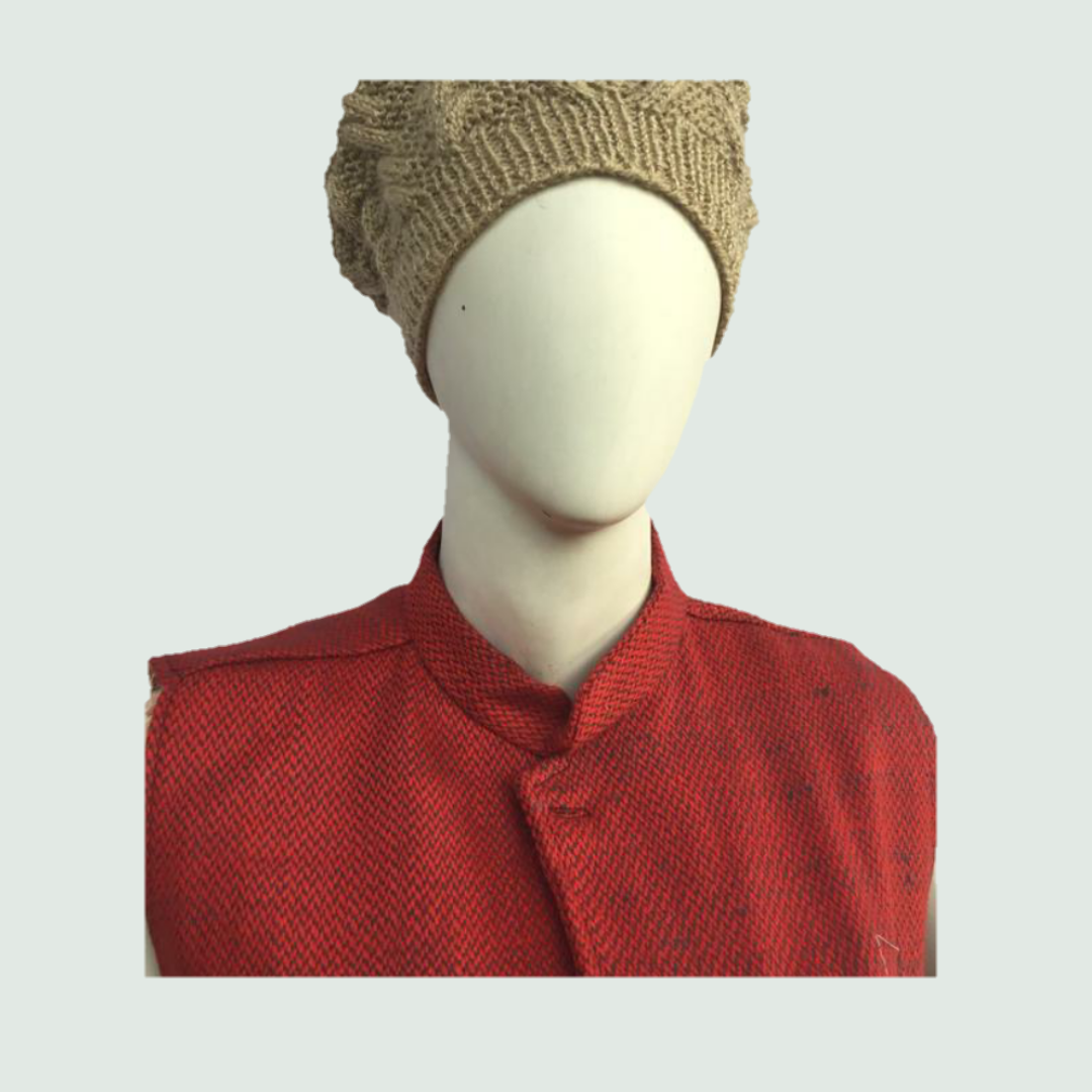 Woolen Nehru Jacket - Half Sleeve - Red & Grey - Front View