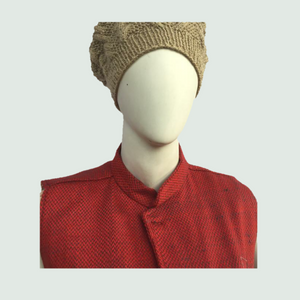 Woolen Nehru Jacket - Half Sleeve - Red & Grey - Front View