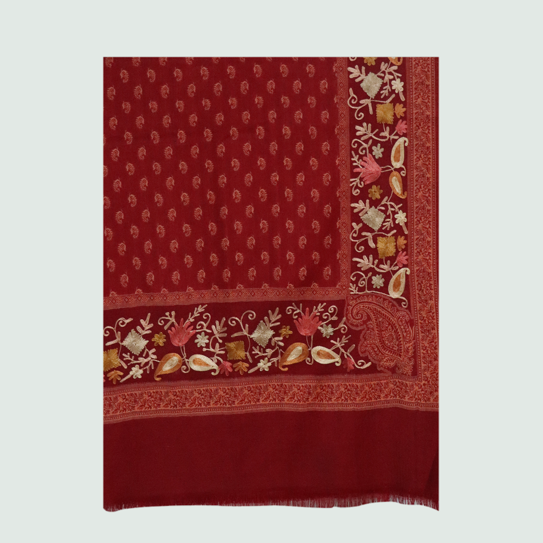 Maroon Odhni With Embroidered Floral Motifs | Stoles & Shawls - Front View
