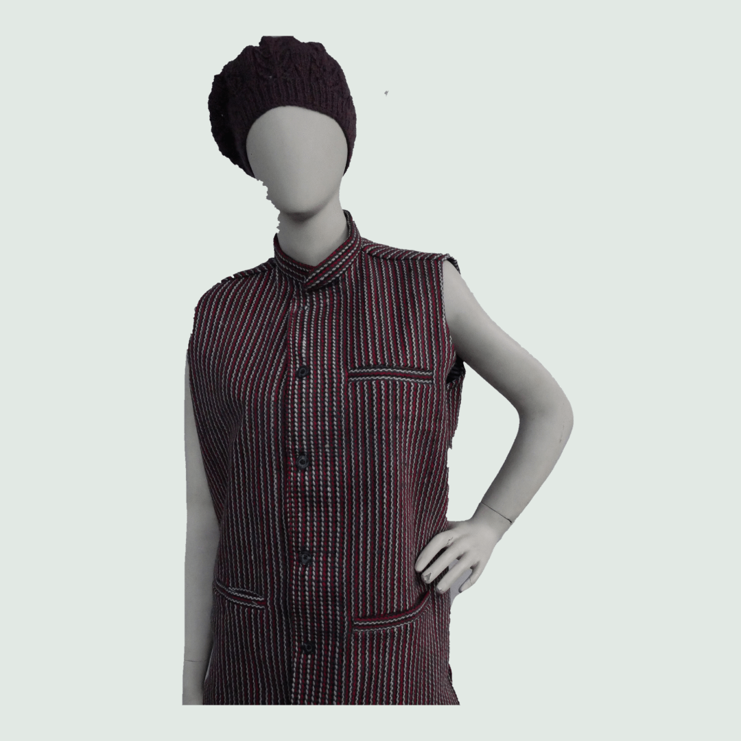 Woolen Nehru Jacket - Half Sleeve - Red, Black , Grey & white - Front View