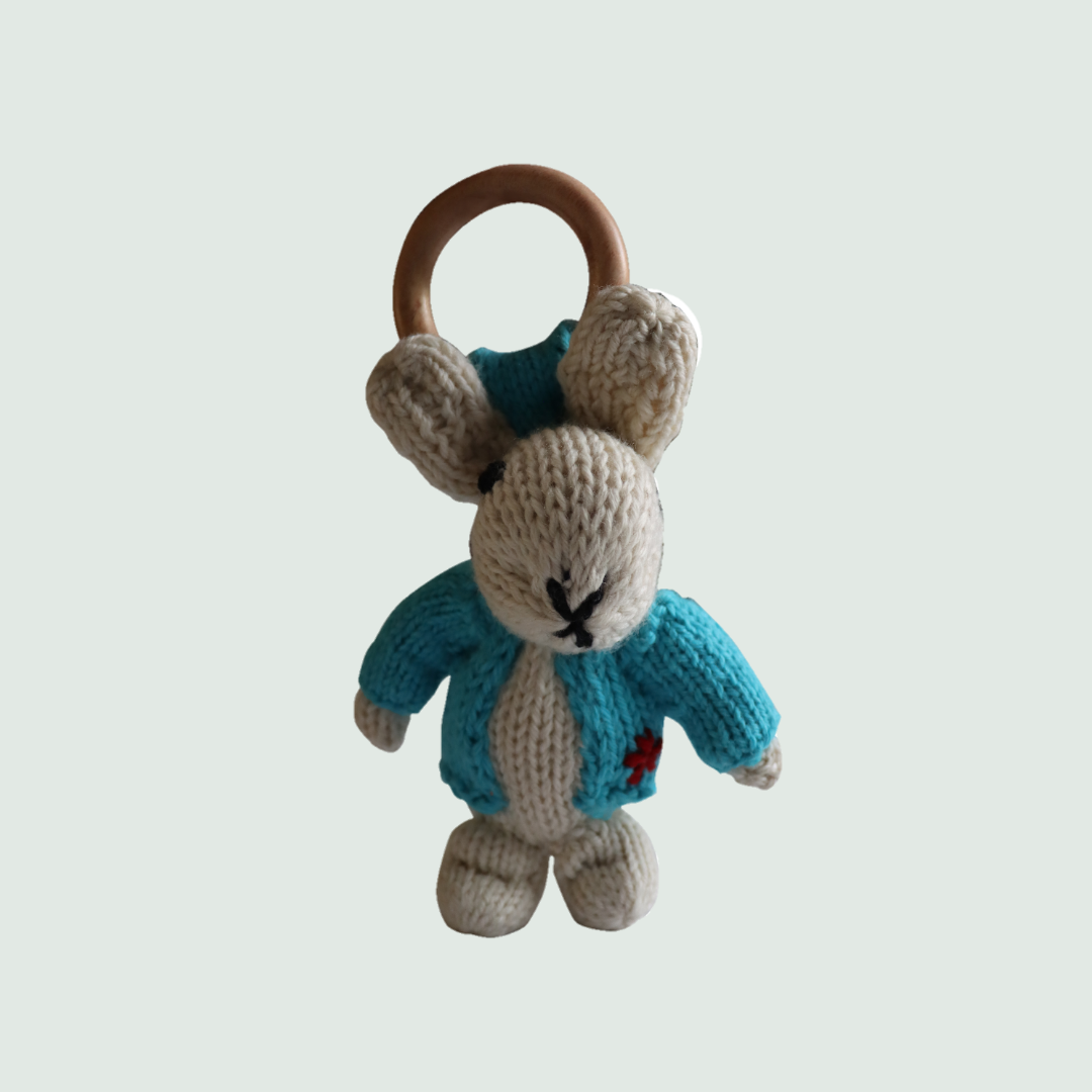 Rabbit Ring Rattler | Hand Knit | Stuffed/Plush/Soft Toy | 100% Organic | Health-Pro