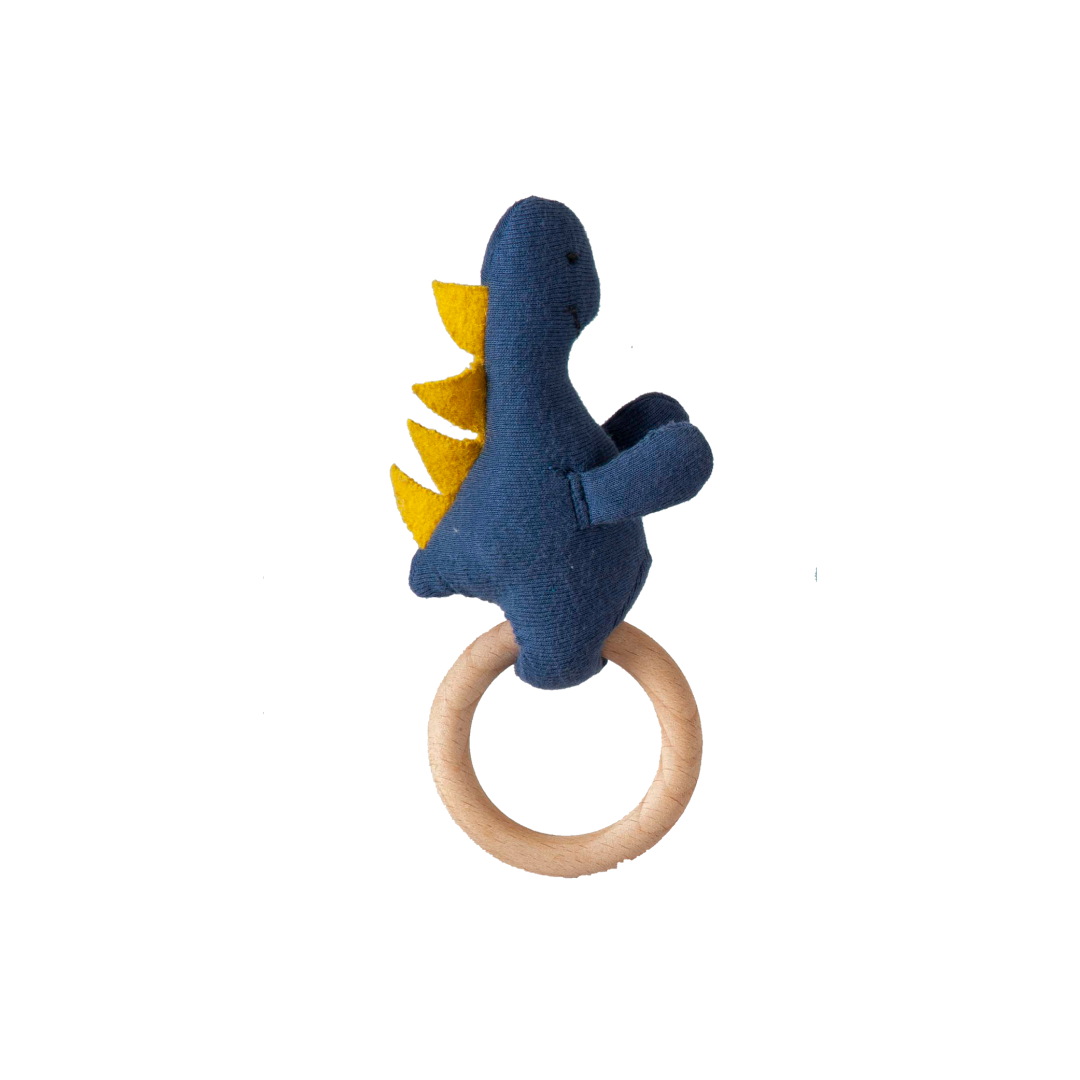 Dino Rattle Knitted Dark Blue & Yellow Stuffed Baby Plush/Soft Toy | 100% Premium Cotton