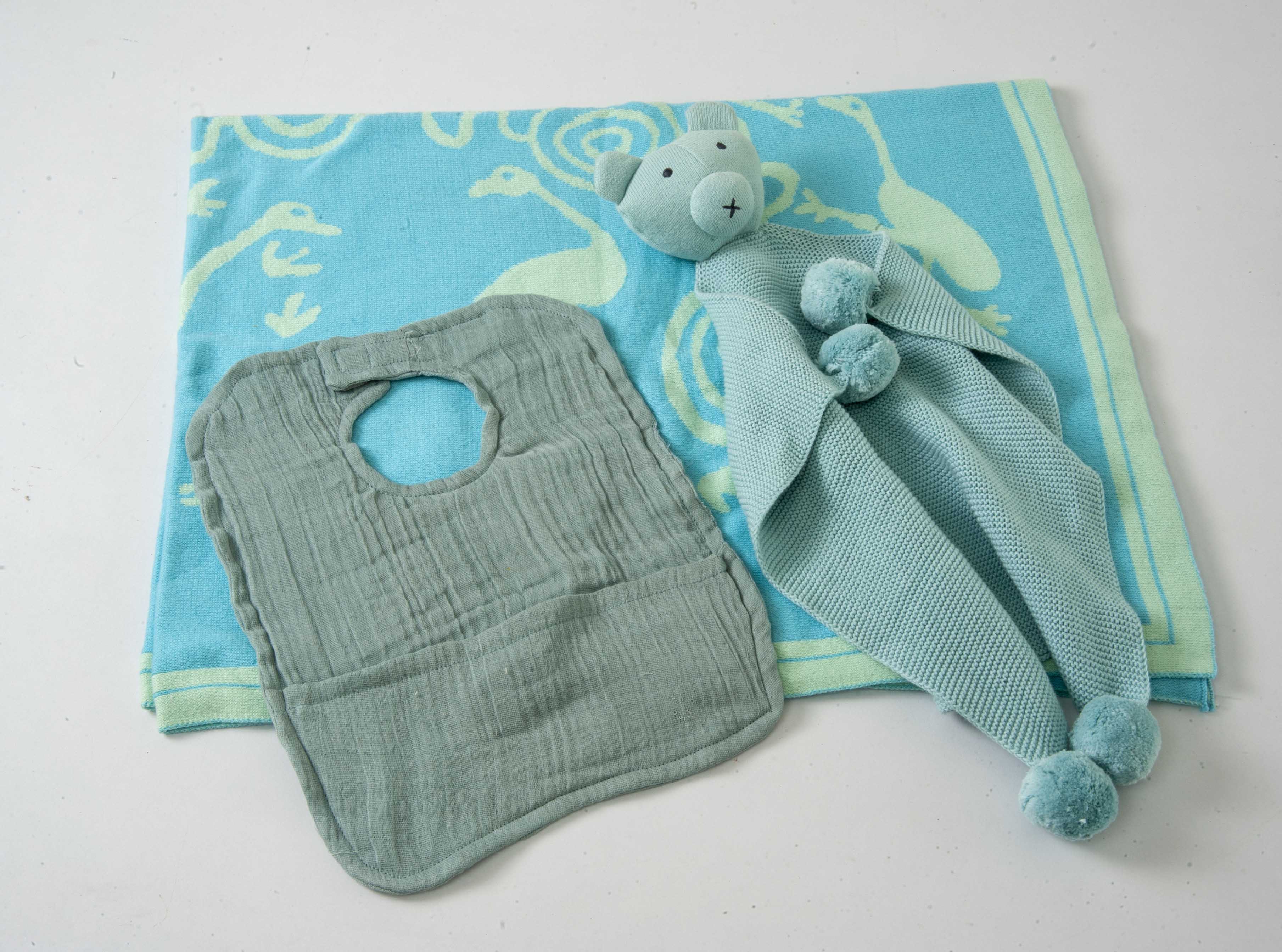 Gift Set of 3 (Blanket with Muslin Bib, Teddy Bear Soft Cuddle) | 100% Organic Cotton